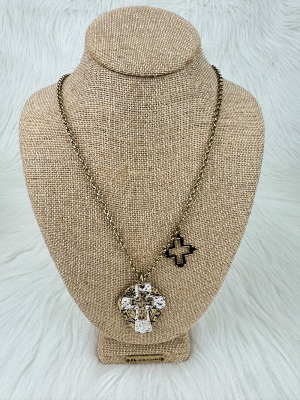 Long Gold Tone Cross Statement Pendant Necklace Double Cross Charm